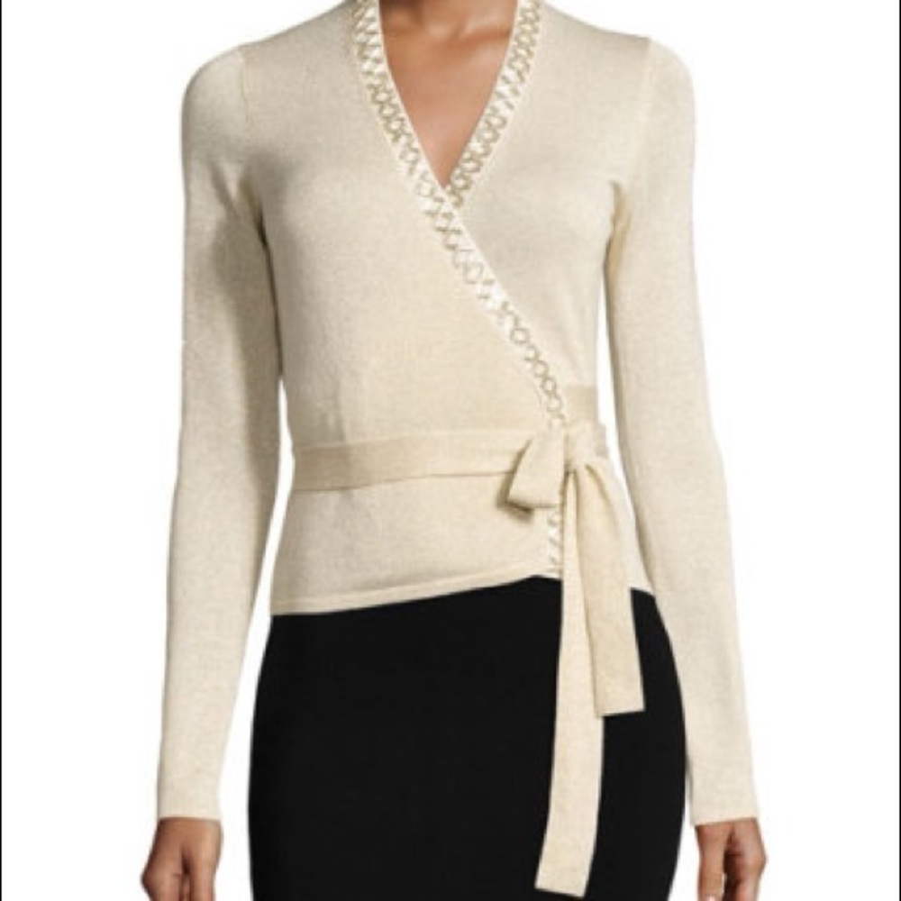 Diane von Furstenberg Beaded Shimmer-Knit Ballerina Wrap Cardigan Gold Rayon